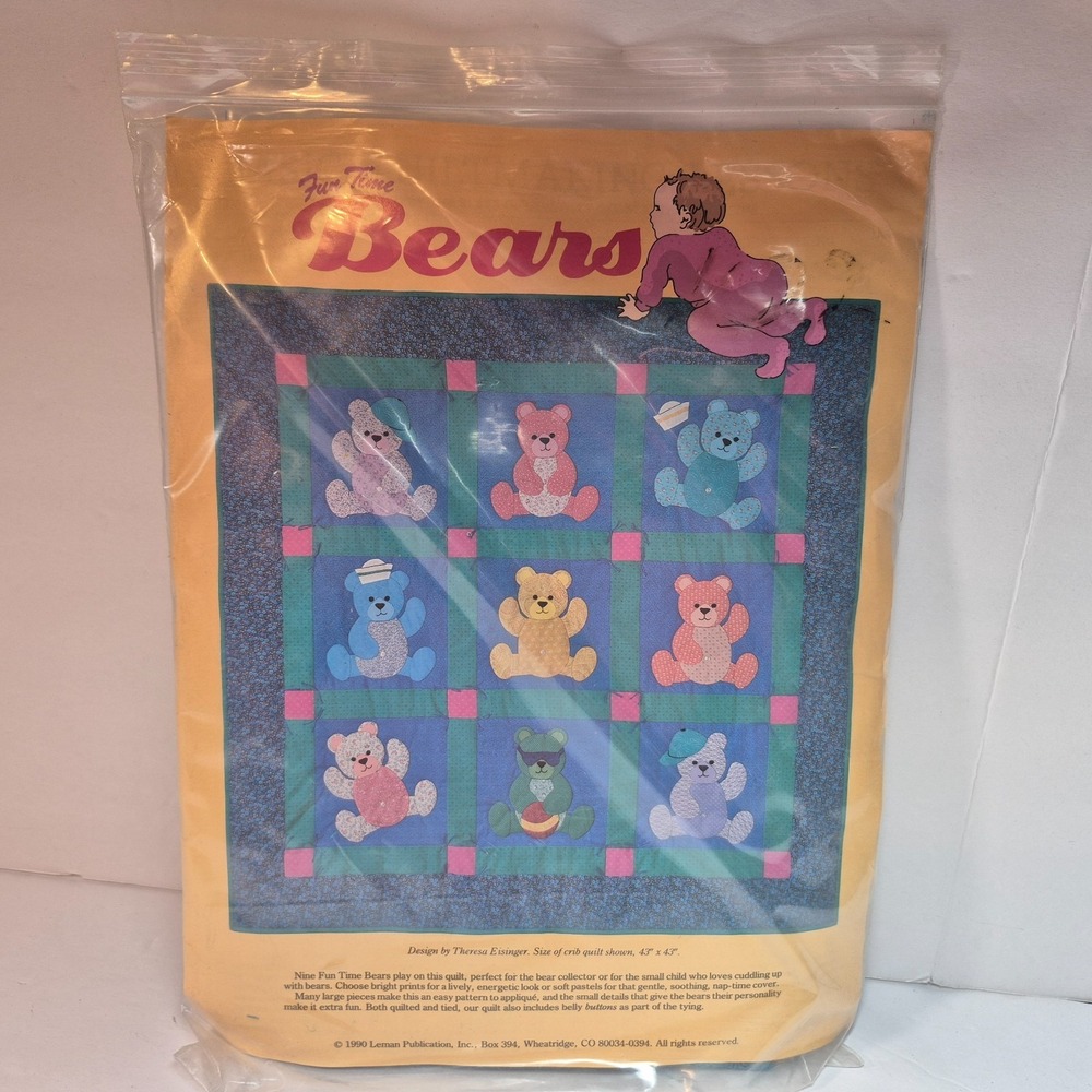 Fun Time Bears 1990 Teddy Bear Calico Fabric Quilt Kit 43" x 43" Applique